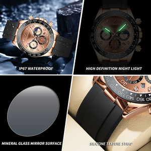 Montre chronographe sport à quartz de la marque Binbond 1727, bracelet en silicone, résistance à l'eau 30M, aiguilles lumineuses, montre pour homme, best-seller - Product Image 6