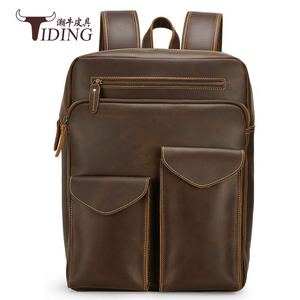 Tiding Men's <b>Backpack</b> Genuine <b>Leather</b> 20L Dark Brown <b>Large</b> Capacity Computer Bag Leisure Travel Soft Handle - Product Image 1