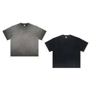 Camiseta masculina de alta qualidade personalizada 275gsm2 algodão lavado com ácido em branco pescoço simulado camiseta quadriculada grande peso pesado