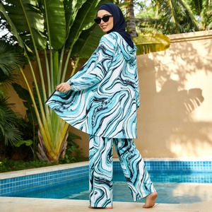 Nile Burkini Swimwear Set For Women 3 Piece Modest Marble Print Tunic Pants Bonnet Hijab Quick Dry - Product Image 3