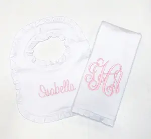 Monogrammed 100% combed cotton newborn baby shower gift embroidery bibs and burp cloth set