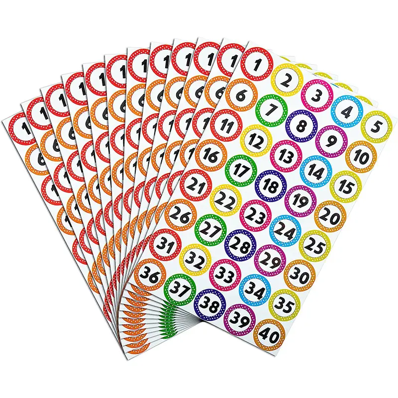 Custom Multicolor Waterproof Colorful Vinyl 1-40 Numbers Self-Adhesive Number Stickers for Office Home