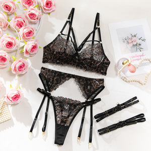 Bestseller <b>Sexy</b> Leopard Print Embroidered Mesh Women's Ultra-Thin Sheer Strappy Lingerie <b>Set</b> - European & American Style - Product Image 6