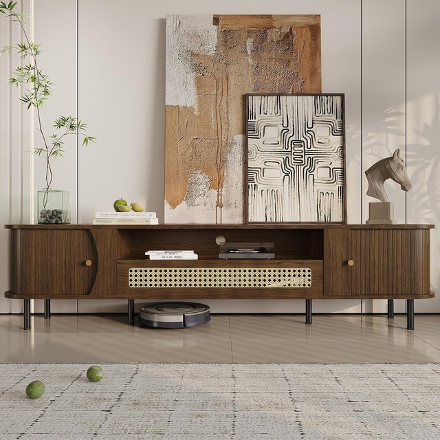 MOQ 100 Mid Century Modern Entertainment Center Fluted TV Stand with Sliding Doors Rattan Door Curved Edge Design