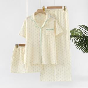 Crêpe Broek Fabriek Direct Puur Katoenen Zachte Revers Pyjama Fabrikant Bedrukte Pyjama Driedelige Set Groothandel - Product Image 4