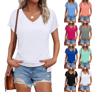 Camiseta de Verano para <span class=keywords><strong>Mujer</strong></span>, de Color Sólido, Manga Corta, Corte Ajustado, Cuello en V - Product Image 1