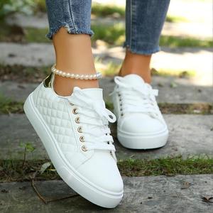 Chaussures de sport basses pour femmes en <span class=keywords><strong>cuir</strong></span> blanc respirant à lacets, chaussures décontractées à semelle souple, vente en gros à bas prix - Product Image 3