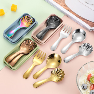 Juego de Cuchara y Tenedor de Acero Inoxidable para Bebés, Cabeza Redonda, Portátil, Utensilios de Comedor para Niños, Plateado, Dorado, Oro Rosa, Negro Iridiscente - Product Image 1