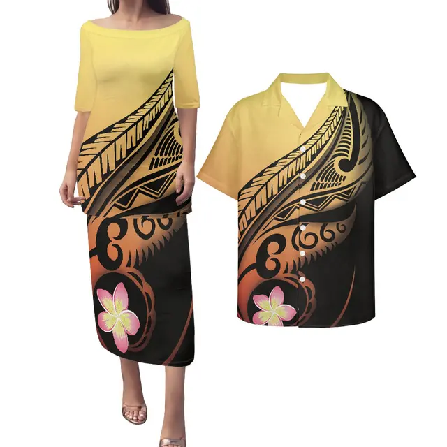 Custom Polynesian Tribal Floral Tattoo Dresses Women Lady Elegant Party Sexy Couples Matching Puletasi Dress + Hawaii Shirts Set