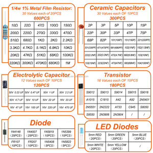 1400 pz 6 tipi di componenti elettronici tra cui <span class=keywords><strong>resistenza</strong></span>, condensatore elettrolitico, emettitore di luce a <span class=keywords><strong>LED</strong></span>, Transistor ceramico - Product Image 3
