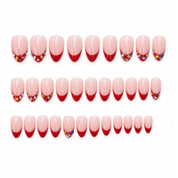 H005-14 Kaixin Faux Ongles Courts Amande à Coller, Effet Nude Transparent, French Manucure Rouge avec Strass Étoile, Faux Ongles Brillants