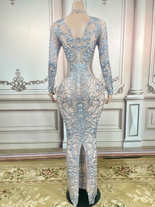 AD1538 Kimshein <span class=keywords><strong>Robe</strong></span> <span class=keywords><strong>De</strong></span> Femmes O Cou À Manches Longues Strass Perles Étincelant Cristal Robes Femmes Fête - Product Image 3