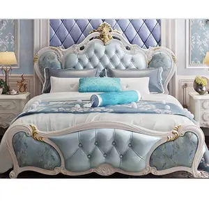 Cama king size estilo americano luxuoso, cama de casal de madeira maciça estilo europeu de alta qualidade, cabeceira macia de couro