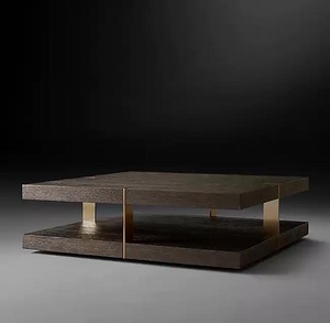 Table basse en chêne fumé foncé à deux niveaux, design moderne de luxe avec accents en laiton, table basse carrée en bois à double couche flottante - Product Image 4