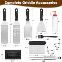 Kit de 12 ustensiles de barbecue en acier inoxydable : spatule, pinces, anneaux à œufs, flacons doseurs, sac en plastique, logo personnalisé OEM