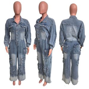 <span class=keywords><strong>Tuta</strong></span> da donna Vintage Cargo <span class=keywords><strong>in</strong></span> Denim elasticizzata a vita alta lavata a maniche lunghe con gamba larga fino a tute CARGO - Product Image 3