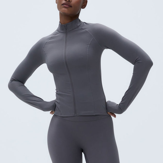 OEM Slim Fit Long Sleeve Zip-Up Top with Thumb Holes Breathable Nylon Light Weight Yoga Jacket 4 Way Stretch T Shirt No Pocket