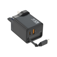 Charger Dinding USB Gan 65W Single Dual Port dengan Kabel Retraktil Terintegrasi, Portabel, Dilengkapi Proteksi OTP dan OVP untuk Ponsel, Tablet, iPhone, Laptop