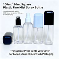 Bouteille pulvérisateur carrée en plastique transparente de 100 ml et 120 ml, personnalisée en usine, avec couvercle, pour lotion hydratante