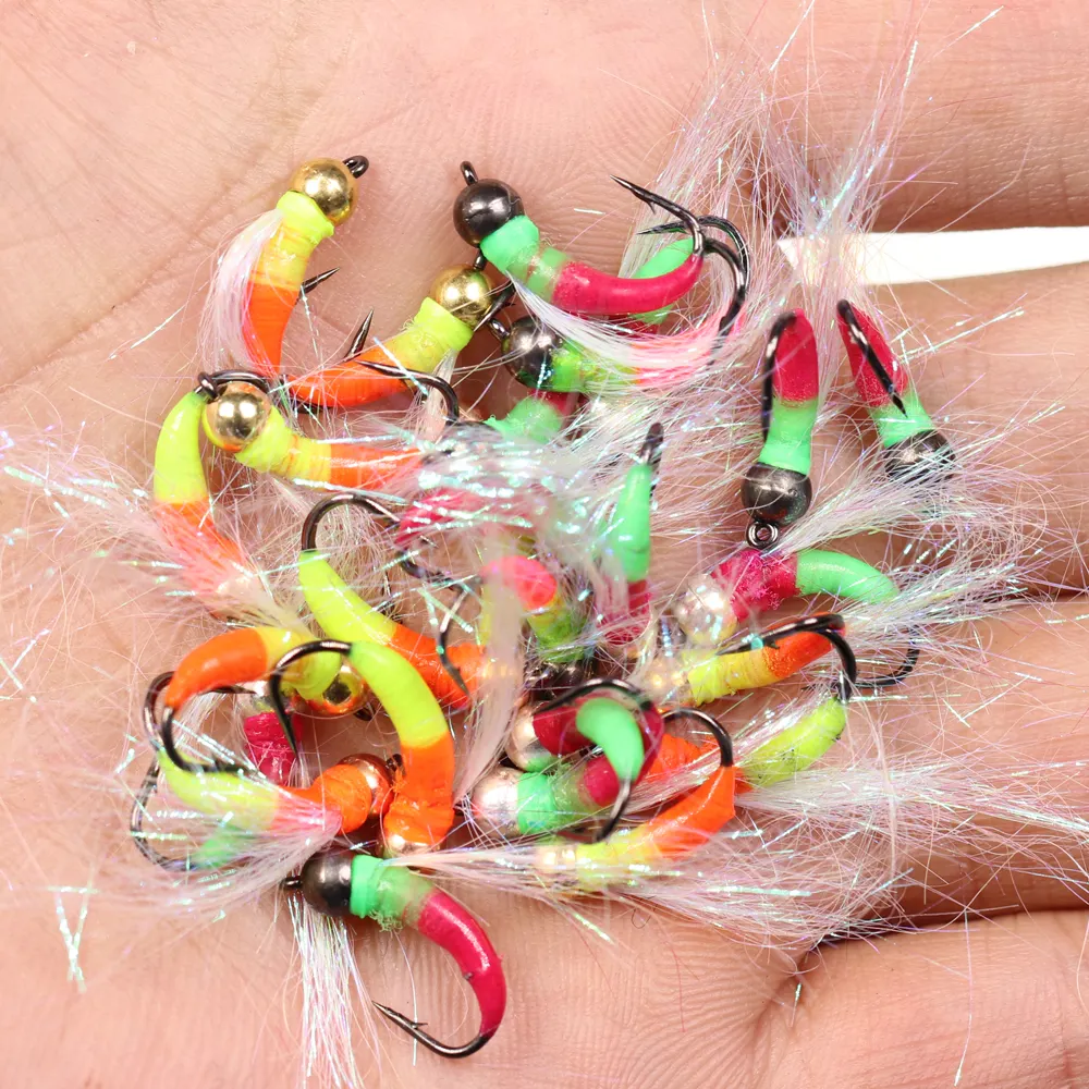 Ninfa-moscas de pesca en hielo, cabeza de cuentas de tungsteno fluorescente, ninfa, trucha, bajo, percha, Lucio, moscas #8, oropel de perla, Ninfa