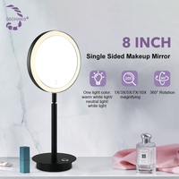 Miroir de maquillage LED double face de 8 ", noir, illuminé pour la vanité de salle de bain ou l'éclairage de table. Parfait pour le maquillage.