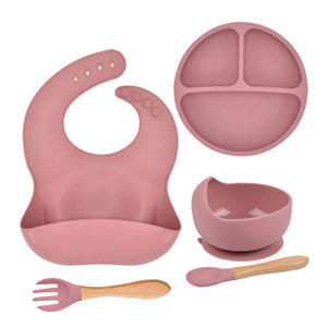 Çin toptan satış makul fiyat 5 parça silikon çocuk Babi kaşık Bib sofra silikon bebek besleme plakası kase seti - Product Image 3