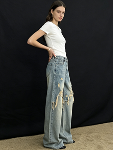 Nouveau Jean d'été 2026 pour <span class=keywords><strong>Femme</strong></span>, Vintage, Délavé, Effet Usé, à Franges et Bords Effilochés, <span class=keywords><strong>Coupe</strong></span> Droite Longueur Ras du Sol, en Denim Déchiré Irrégulier - Product Image 2