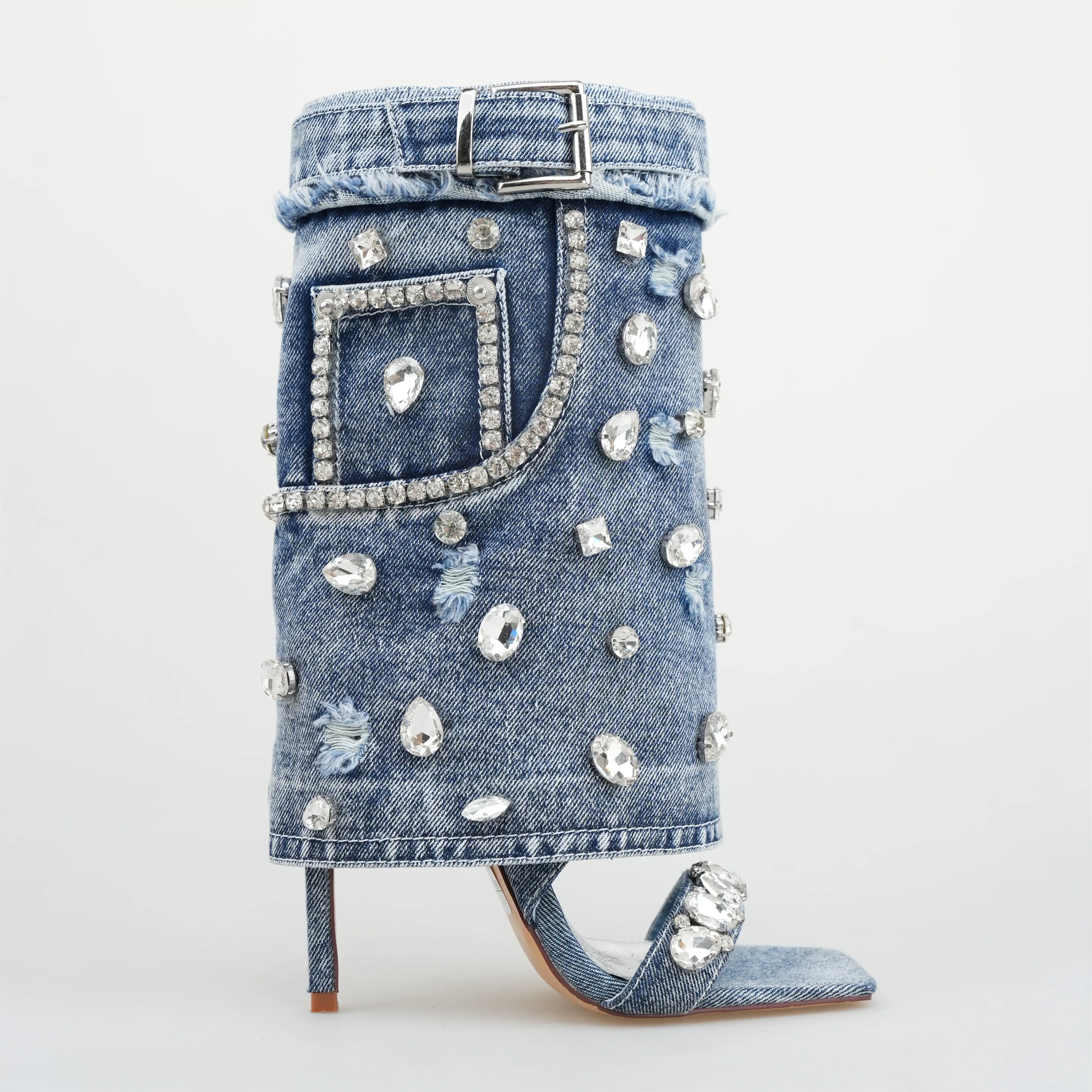 2024 Großhandel Diamond Encrusted Blue Denim Stiefeletten Damen Mode High Heel Open Toe Square Toe Stiefel