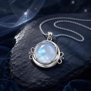 Natural <b>Moonstone</b> Pendant Necklace 925 Sterling Silver Round Cabochon Crescent Moon Design Blue Flash <b>Jewelry</b> for Women Gift - Product Image 3
