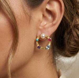 Multi Gemstone Gold Plated Brass <b>Stud</b> <b>Earrings</b>, Pearl Ruby Blue Topaz Iolite <b>Turquoise</b> For Women's Everyday Wear - Product Image 3