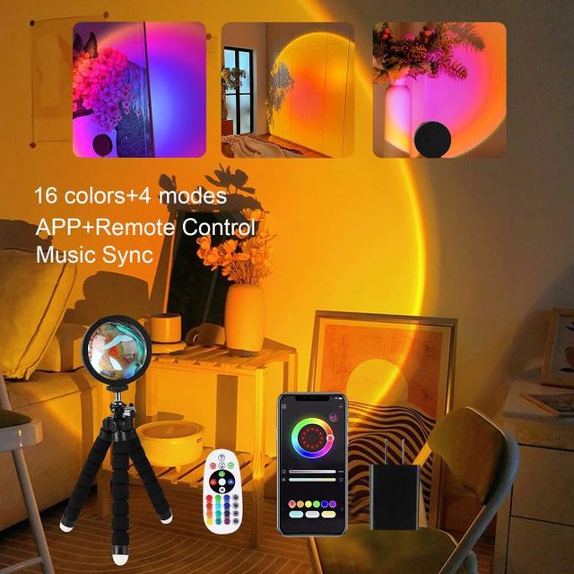 Sunset Lamp Projector 360 Degree Rotation 16 Colors Changing Rainbow Projection Light Romantic Light Sunset Lamp With Tripod