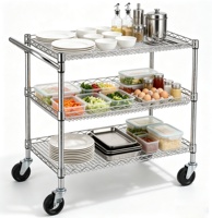 Chariot de service alimentaire à 3 niveaux en acier chromé avec poignée de poussée pour restaurant et cuisine