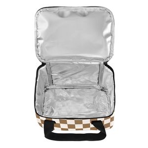 12 Cans Brown White Checkered Lunch Bag Reusable Insulated Tote Custom Logo Mini Cooler Lunch Bag with Short Handles - Product Image 5
