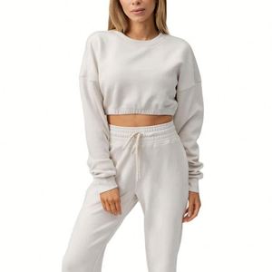 Pull-over décontracté d'hiver en coton 100% pour femme, coupe oversize unisexe à épaules tombantes, col rond uni, ample, brodé, idéal pour l'entraînement, vente en gros - Product Image 1