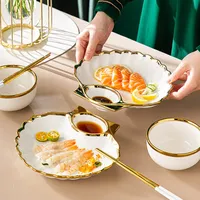 Assiette à raviolis en forme de coquille, bord doré, plat à sauce en céramique, compartiment, 220 mm, vaisselle de restaurant
