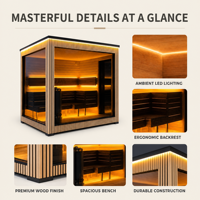Sauna Esterna PLOUTARA in Vetro Completo con Struttura in Legno, Illuminazione LED e Stufa a Roccia OEM per Villa, Giardino e Resort