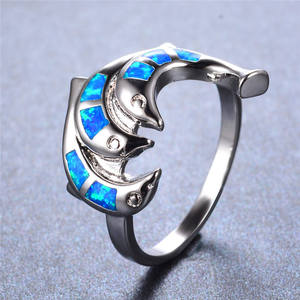 かわいい女性の青いイルカのジュエリー女性のためのクラシックなシルバーカラーの動物の結婚指輪ファッションオパールストーン薄い婚約指輪 - Product Image 3