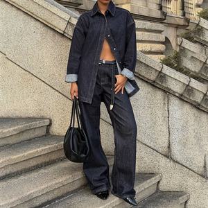 Conjunto de Chaqueta y Pantalones Vaqueros Vintage para Mujer, Estilo Otoñal, Chaqueta de Solapa con Botones y Bolsillos, Jeans Rectos - Product Image 1