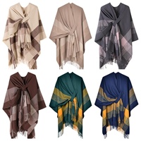 Poncho châle léger beige marron à carreaux avec franges pour femme, à nouer devant, cape en chevrons, doux imitation cachemire réversible, collection automne