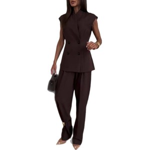 2025 Spring Suit Mulheres Sem Mangas Double Breasted Stand Collar Top Straight Calças De Cintura Alta Elegante Sólida Jacket Calças Set - Product Image 6
