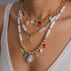 Multi Layer Beach Starfish Shell Pearl Necklace Women Boho Baroque Pearl Ocean Pendant Clavicle <b>Chain</b> Summer Jewelry - Product Image 1