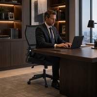 Chaise de bureau à dossier haut en maille, marque privée, avec accoudoirs rabattables, soutien lombaire réglable et base pivotante à tension inclinable
