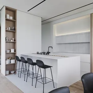 Moderno Color Blanco Iluminación Personalizada Cocina Modualr Gabinete Muebles de cocina de madera con encimera