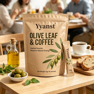 Poudre instantanée de feuilles d'olivier et de café, produits de bien-être naturels pour nourrir et restaurer l'énergie, sachet de 10g, pochette kraft, OEM/ODM - Product Image 2