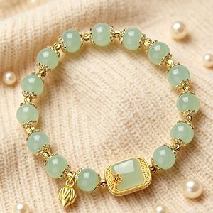 Sugar Cube Lotus Beaded Bracelet For Women Chinese Style Gold Plated Jade Beads Everyday Wear Jewelry - Product Image 1