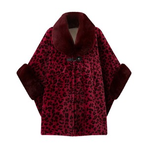 <b>Women</b> Luxury Leopard Open Front Clock Warm Faux Fur Trim Lapel Shawl Cape Casual Cloak for Holiday Gathering Weekend Outing - Product Image 4