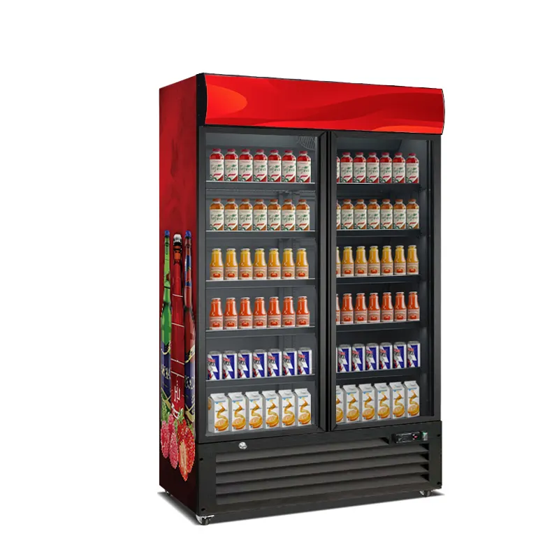 Двойной дверной холодильник, автоматический вертикальный дисплей для энергетических напитков, нержавеющая морозильная камера для супермаркета