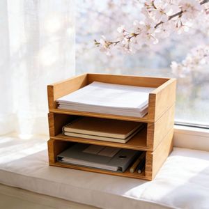 Bandeja de almacenamiento de escritorio de madera maciza, organizador de oficina rectangular apilable para documentos y artículos diversos - Product Image 1