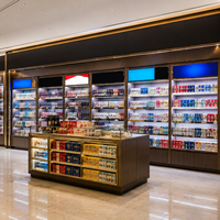 Solución Integral para Tiendas de Tabaco: Estantería de Pared LED en Nogal Oscuro, Mostrador de Isla de Vidrio con Detalles Dorados, Mobiliario para Tiendas de Cigarrillos Duty Free