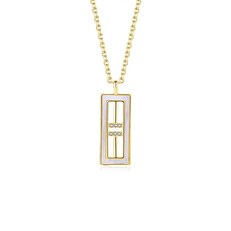 925 Sterling Silver Chain Rectangle Zircon Gold Plated Bar Pendant Necklace